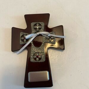 First Communion Wall Cross Cherrywood Silver Overlay With White Ribbon Blessings